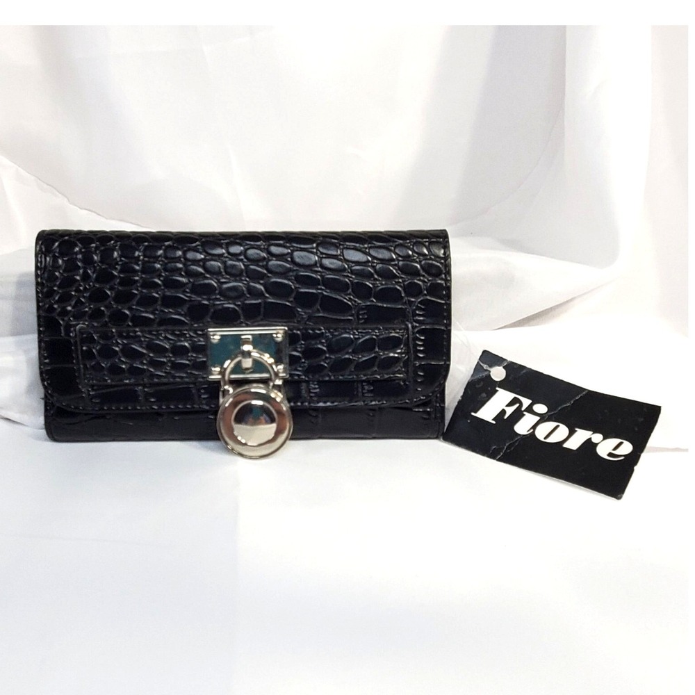 Fiore Black Croc Embossed Wallet With Silver Toned Faux Lock Embellishment NWT